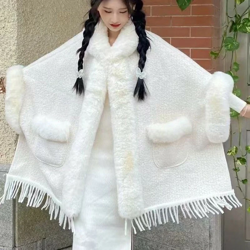 Young Fashion White Faux Rex Rabbit Fur Coat Hood Long Loose Thick Wool Overcoat Cape Winter Women Cloak Dress Smock 2023 New