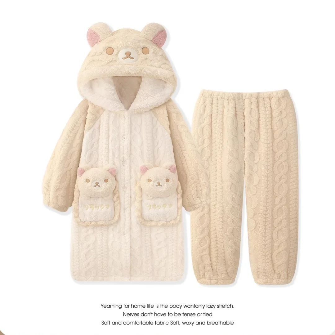 

Hot Rilakkuma Character Peripheral Long Women'S Nightgown Autumn Winter 2025 New Padded Pajamas Warm Cartoon Household Clothes