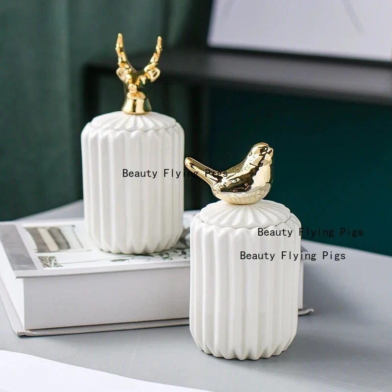 1pc Ceramic Toothpick Jar Cotton Swab Container Elk, Bird, Starfish Toothpick Jar Key Storage Box with Lid Household Goods