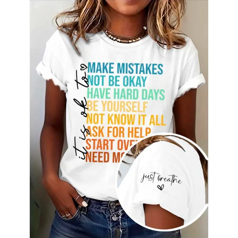 ilstile Women's Mental Health Print T-Shirts Short Sleeve  O Neck Female clothing Summer Black  Tops Casual Tees New Arrival