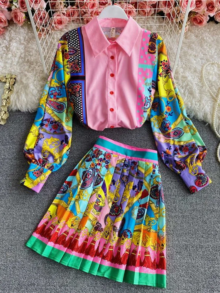 

Women Fashion Luxury Print Shirt Top + Pleated Mini Skirt New 2023 Spring Autumn Vintage Long Sleeve Buttons Party 2 Piece Sets