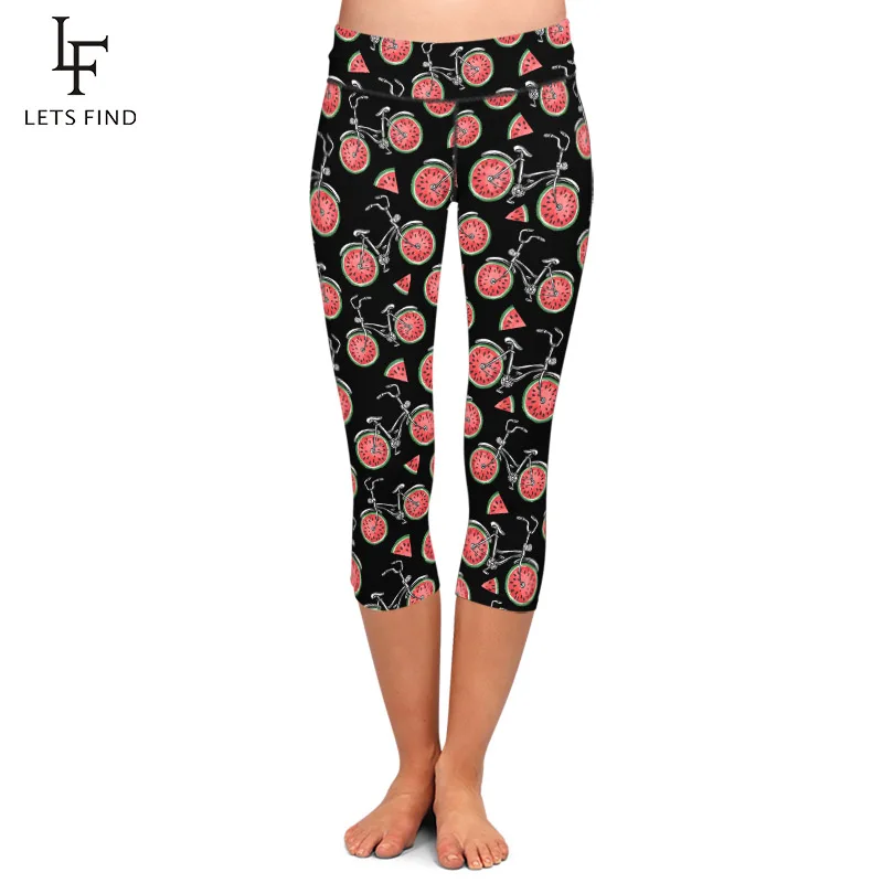 Summer New Design Bicycle with Watermelon Wheels Printing Capri Leggings High Waist Fitness Mid-Calf Women Leggings