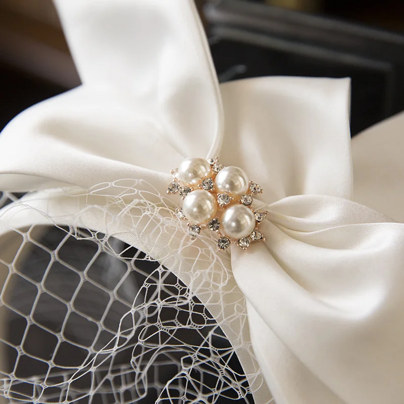 New White bridal hairband Mesh Satin Bow Headband Vintage Fairy Bridal Wedding hair Accessory