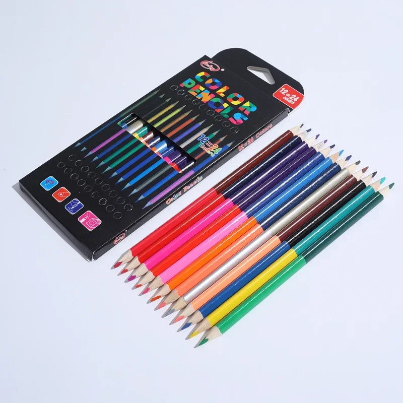 12Pcs/Set Two-color Head Oily Colored Pencils Drawing Sketch Art Paint Wood Pencil Comic Graffiti Tool Triangle Bar 24 Colors