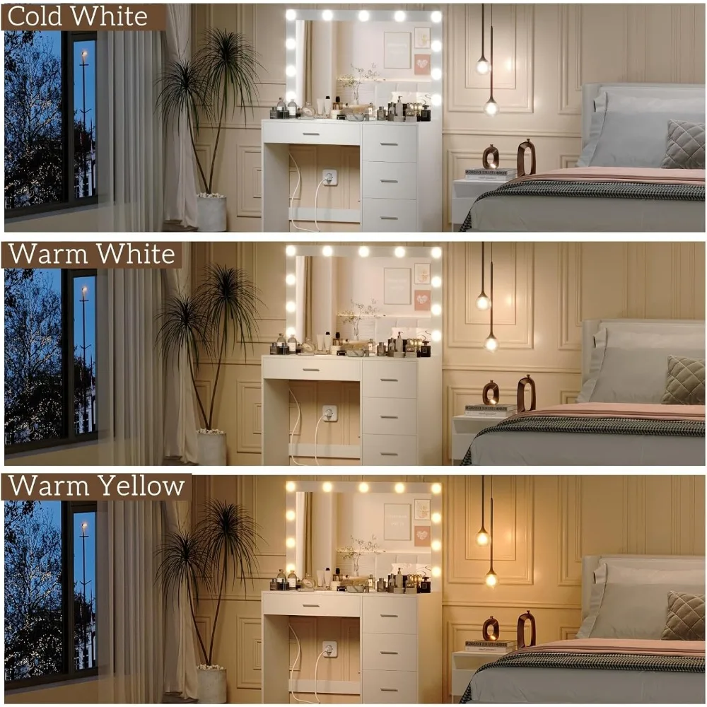 Makeup Vanity Table, Makeup Table with Large Mirror and 11 LED Lights, Brightness Adjustable, Dressing Table Desk with 4
