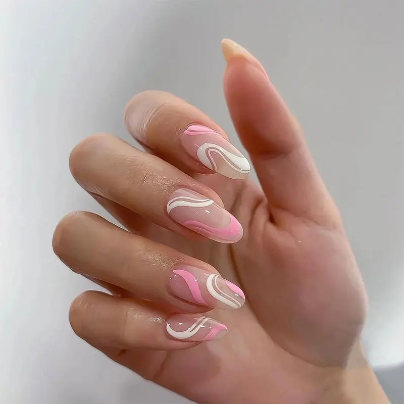 24pcs/box wearable pop series manicure, simple pink and white fake nails with added lines to enhance beauty