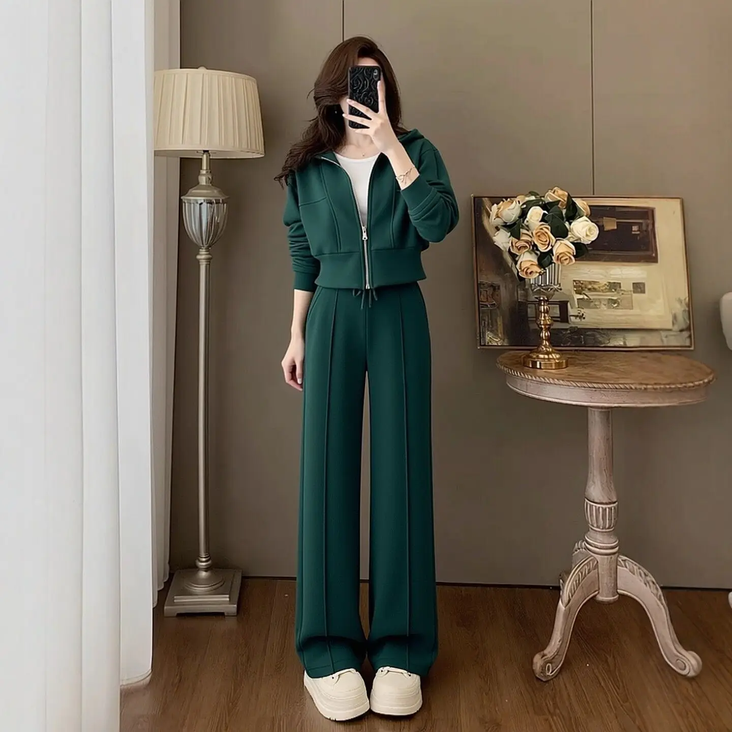 

Fashion Casual Green Hoodie 2 Piece Set For Women Fall Winter Thickened Cropped Jacket High Waist Drawstring Pants Office Suits