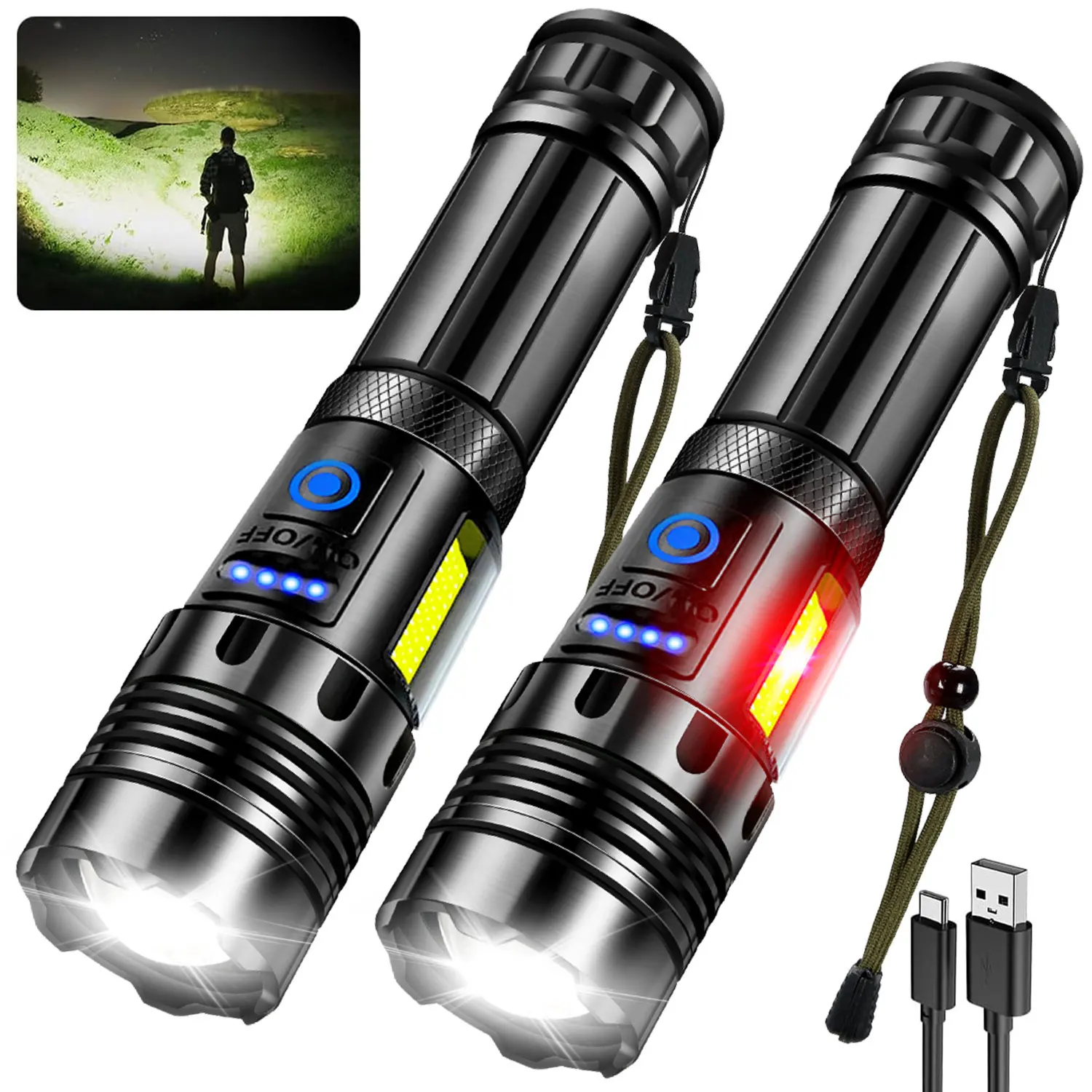 

XHP70+COB Dual Light Source LED Flashlight with Power Bank Zoom External Battery Flash Light USB Charging 18650 26650 Battery