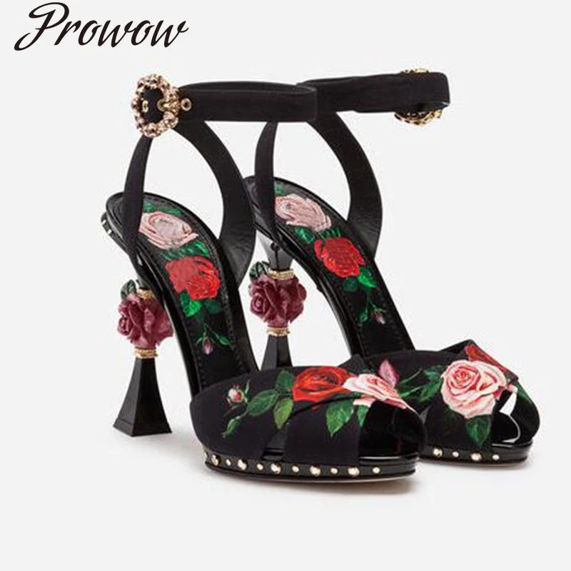 

High heels, rose flower carved heel cross strap fish mouth high heel sandals buckle