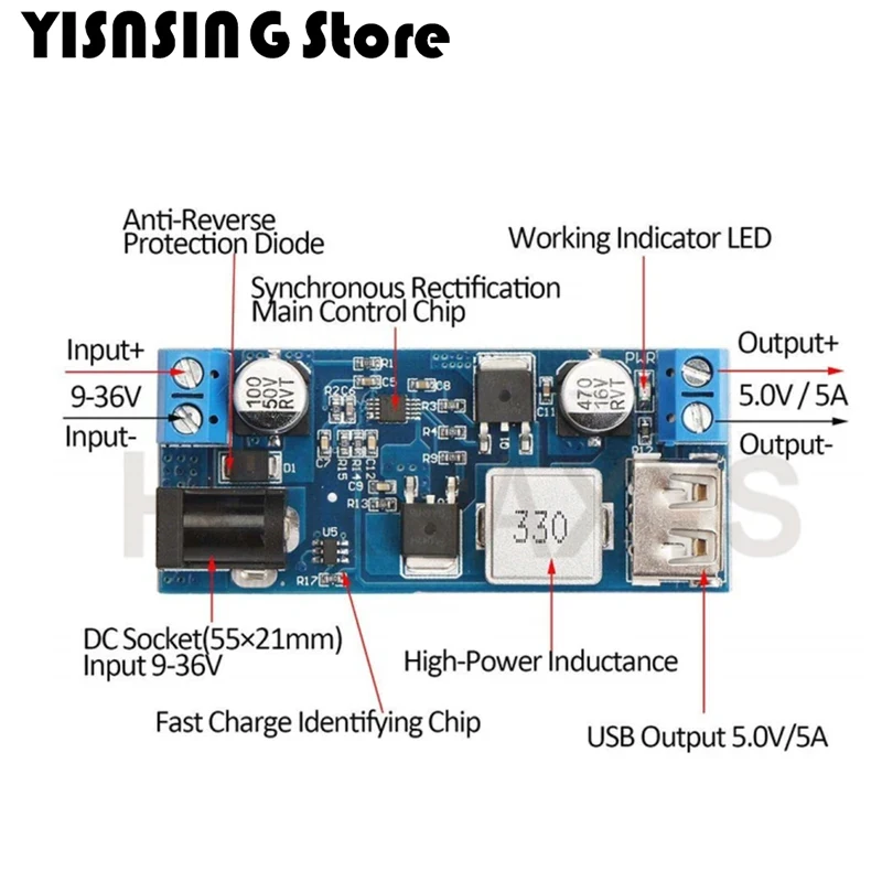 Módulo de fuente de alimentación reductor DC 5A, 24V/12V, amplio voltaje 9-36V a 5V, convertidor de potencia piezas, 5 XY-3606/1 unidad