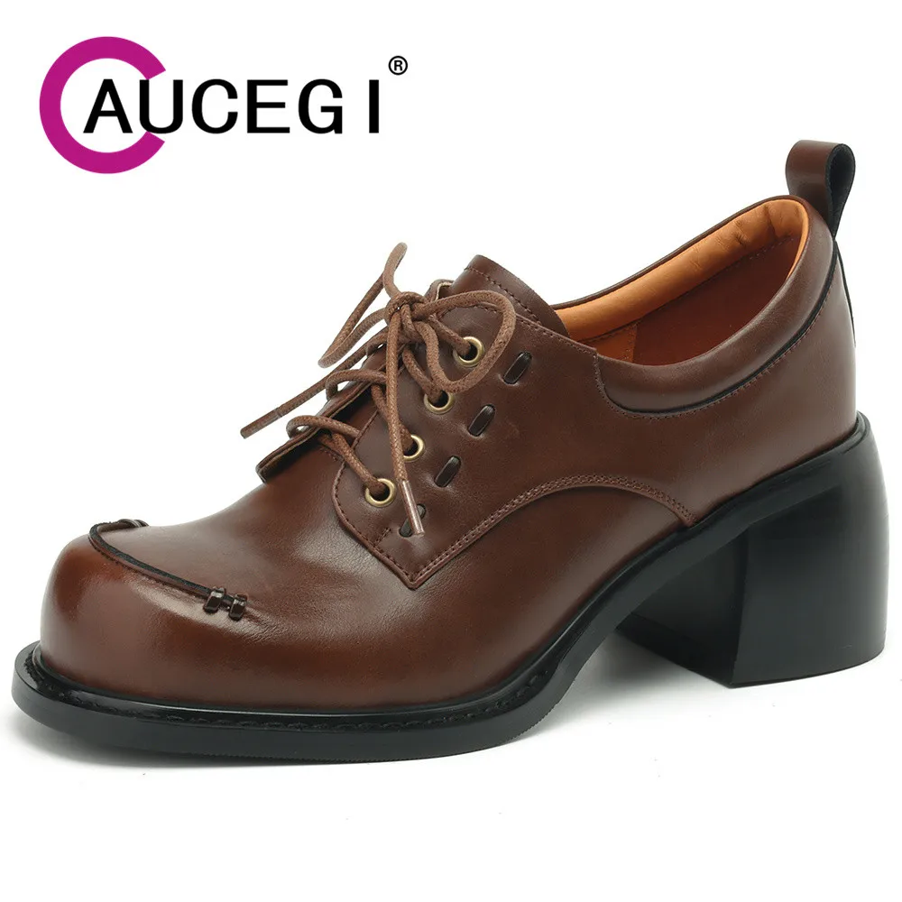 

Aucegi 2024 New Arrival Genuine Leather Lace Up Pumps Square High Heel Round Toe British Style Women Commuter Casual Shoes Brown