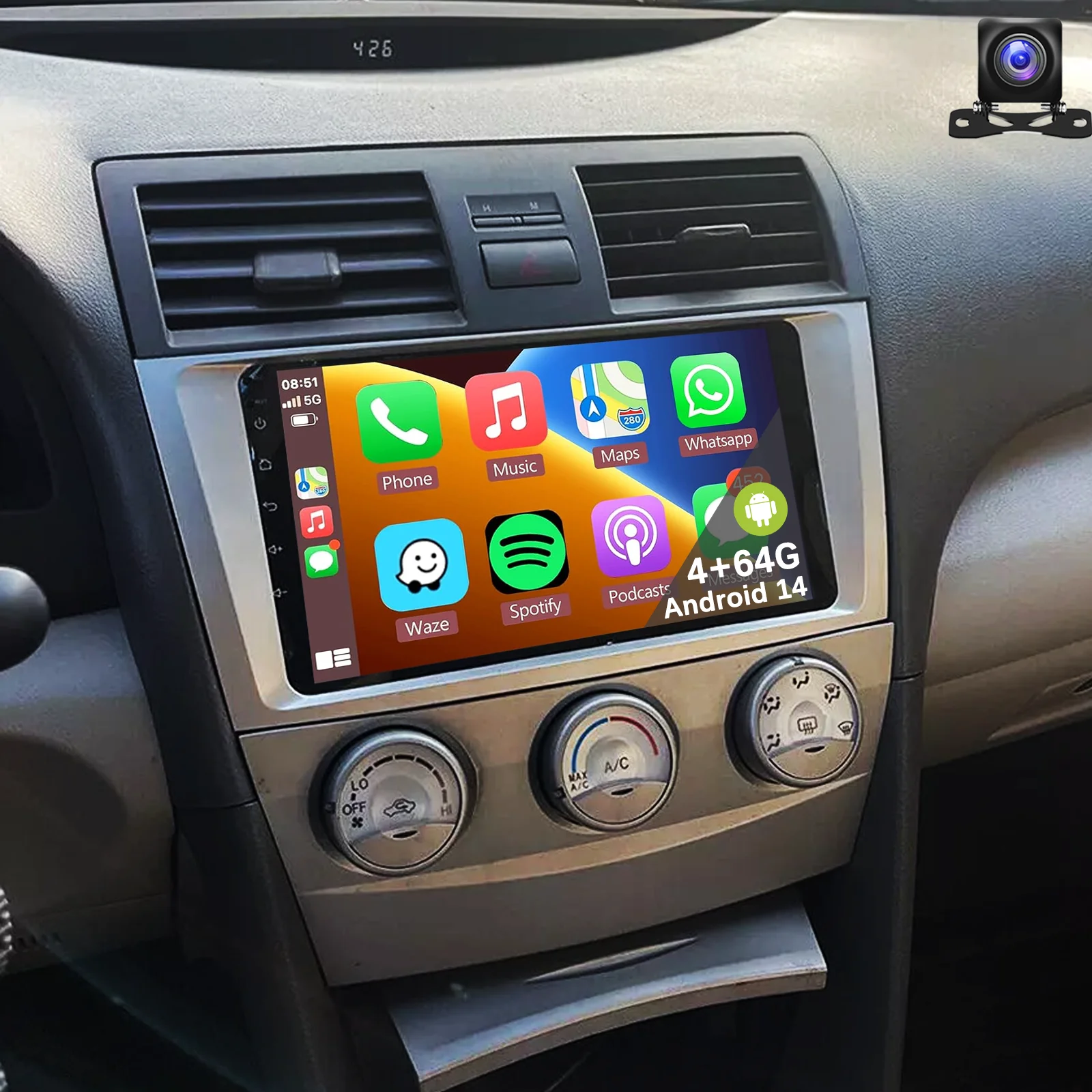 9 "أندرويد 14 راديو السيارة الوسائط المتعددة مشغل فيديو 2 الدين لتويوتا كامري 2006 2007 2008 2009 2010 2011 نظام تحديد المواقع نافي رئيس وحدة Carplay