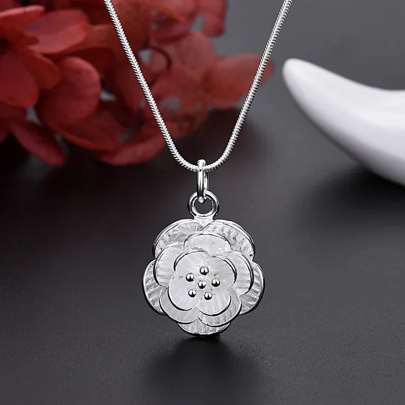 925 Sterling Silver Camellia Flower Pendant Necklaces For Women Girls Silver 925 Female Chokers Jewelry Collares Para Mujer