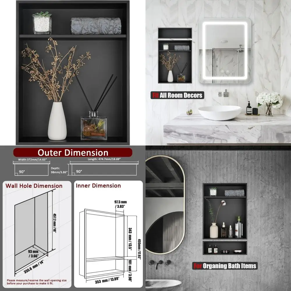 

Matte Black 18x14 Stainless Steel Shower Caddy with 2-Tier Shelf, No Tile Required for Installation