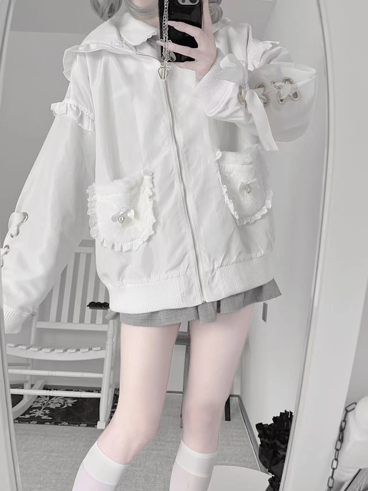 Japanese Original Mass Production Mine Series Lace Rabbit Ear Hoodies Autumn 2025 Rojita Long Sleeves Zipper Hooded Sweatshirts