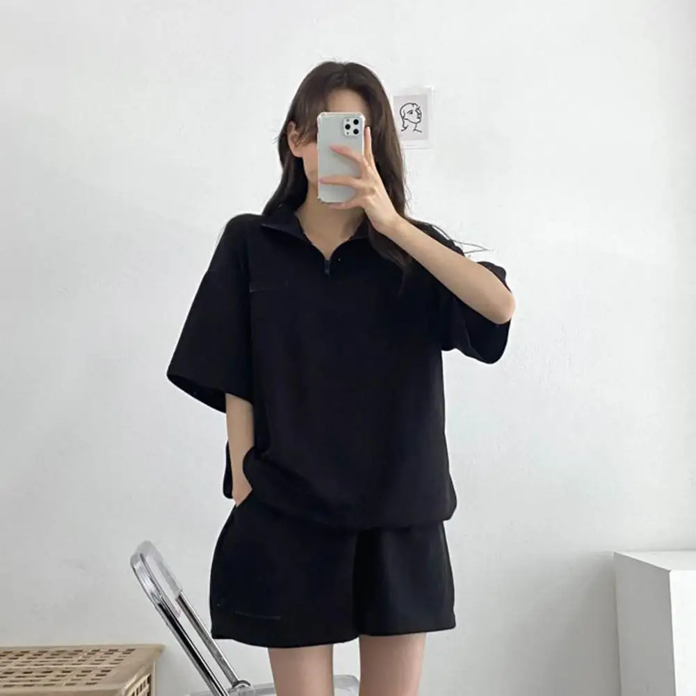 2-piece Outfit Summer Tracksuit Set with Loose Sweatshirt Shorts Solid Color Lapel Design Elastic Waist Zipper for Breathable