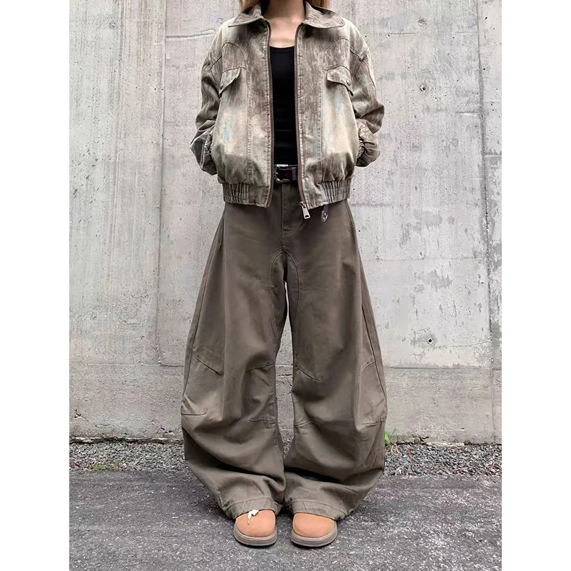 

YIBASHU American Vintage 2000s Style High Waist Brown Jeans Pants Fashion Women's Baggy Y2K Wide Leg Denim Trouser Female Clothe