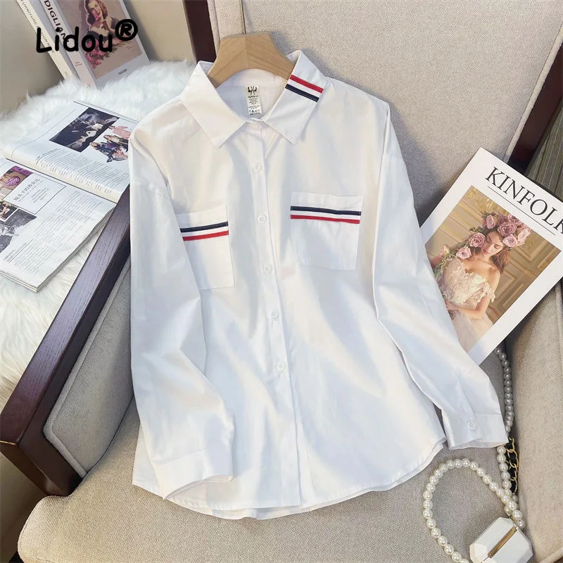 Simplicity Fashion Striped Single-breasted Blouse Women Classic Long Sleeve Polo Collar Loose Office Color Block All-match Shirt