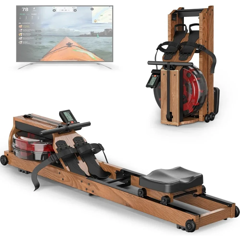 

Water Rowing Machine, Oak Wood Foldable Rower Machine 330lbs Weight Capacity with Bluetooth Monitor, Phone Holder Rowing Machine