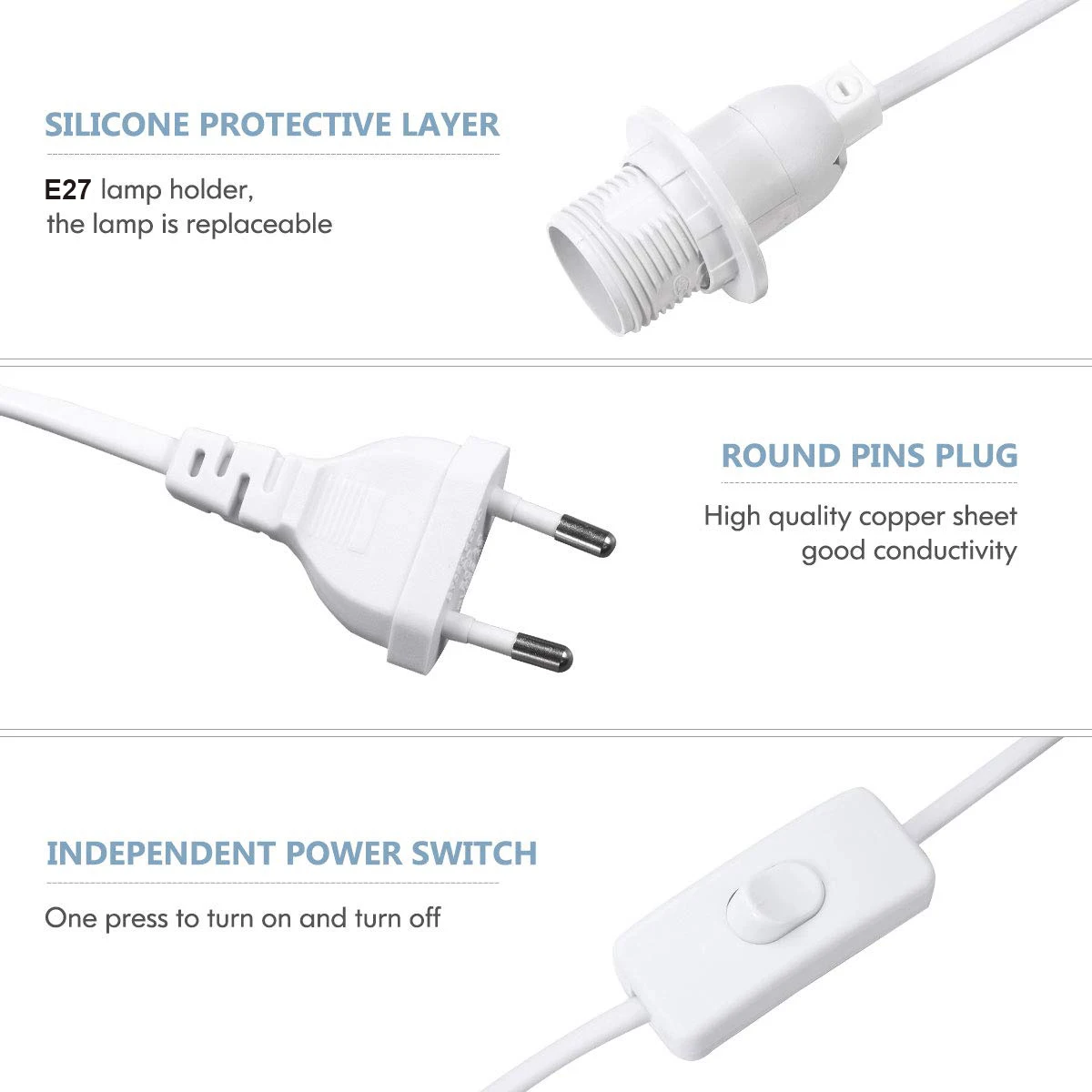 Full Teeth Lamp Base 1.8m 3.5m Power Cord Cables E26 E27 Holder With Switch Wire For Pendant Led Bulbs Fixture Hang lamp EU Plug