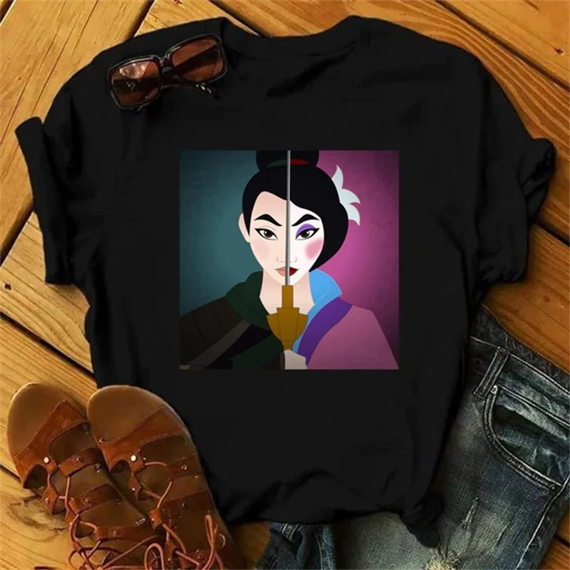 Cute Disney Mulan Princess Graphic Printed Women Black T-shirt Female Fashion Short Sleeve Tshirts Girls Cartoon Casual Tops Tee