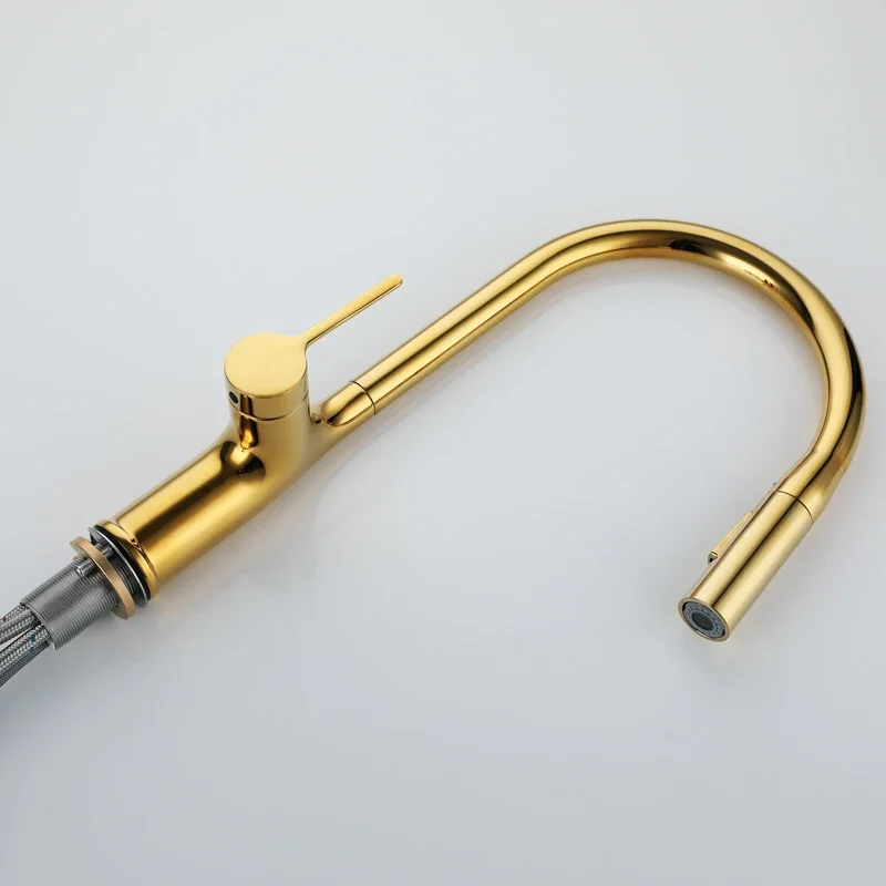 Gold Kitchen Faucets  Pull Out Rotation Waterfall Stream Sprayer Head Sink Mixer Brushed Nickle Water Tap