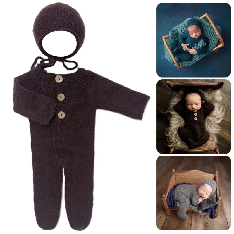 2Pcs Newborns Costume Photography Outfit Soft Fabric Knitted Romper & Matching Hat Props Set for Baby Photoshoots A2UB 2