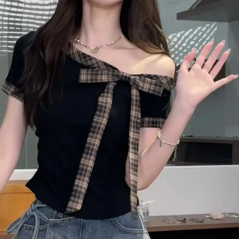 Summer Women's Sweet Girl Style Spliced Stripe Tie Ribbon Waist Cinching Slant Neck Off-Shoulder Short Sleeve T-Shirt