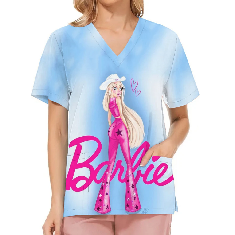 Miniso Medical Nurse Uniforms Women Medical Barbie Print Scrub Shirts Clinical V-neck Blouse Cartoon Pocket Scrubs Beauty Work