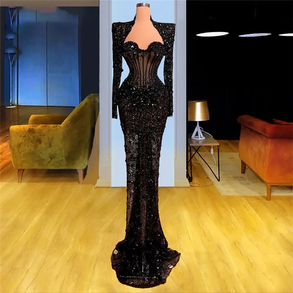 

Prom Dress Women Long Sleeve Sweetheart Sequined Formal Occasion Cocktail Evening Gowns Vestidos De Fiesta Elegantes Para Mujer