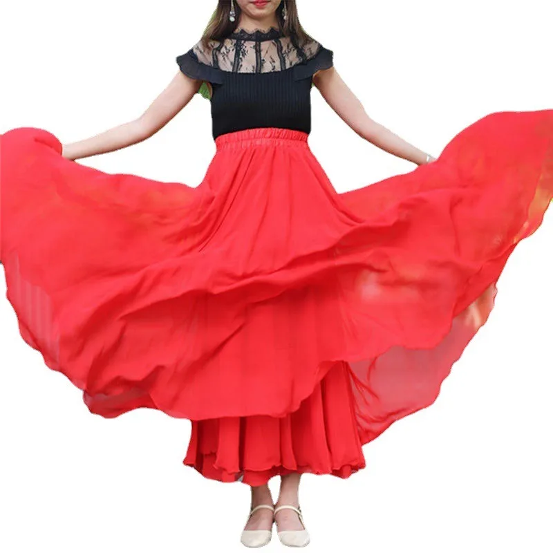 

2025 New Streetwear 720 Degree Wide Chiffon Double Layer High Waist Red Long Dress Purple Dance Dress Beach Vacation Skirt Women