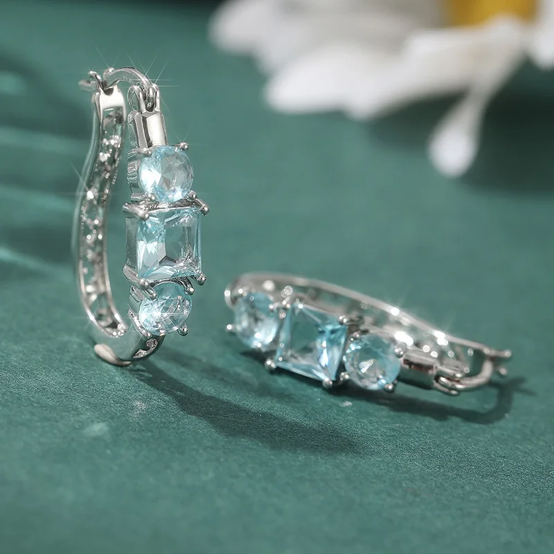 Fashion Inlay Sky Blue Cubic Zirconia Hoop Earrings Wedding Party Elegant Accessories For Women Temperament Jewelry