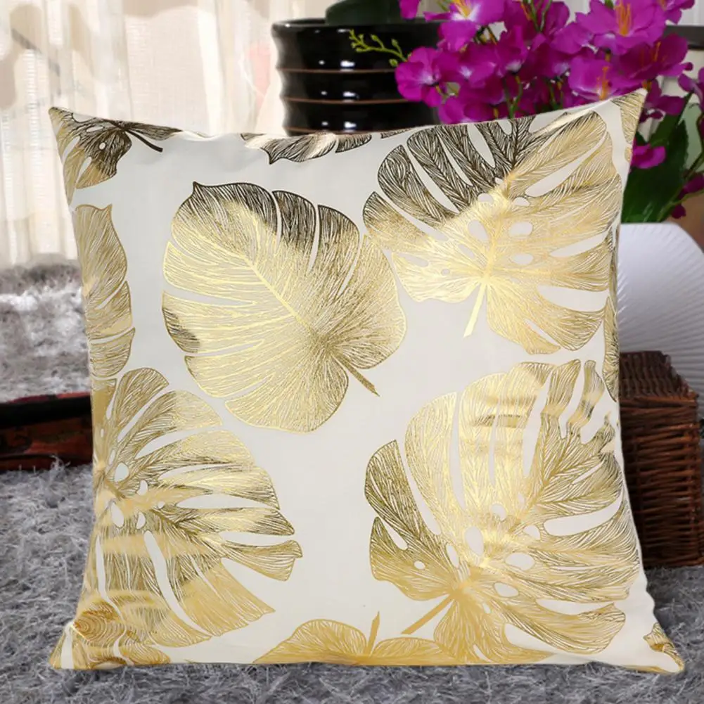 Non-fading Cushion Cover Easy to Maintain Cushion Cover Elegant Bronzing Leaf Print Throw Pillowcase for Bedroom Room Decor