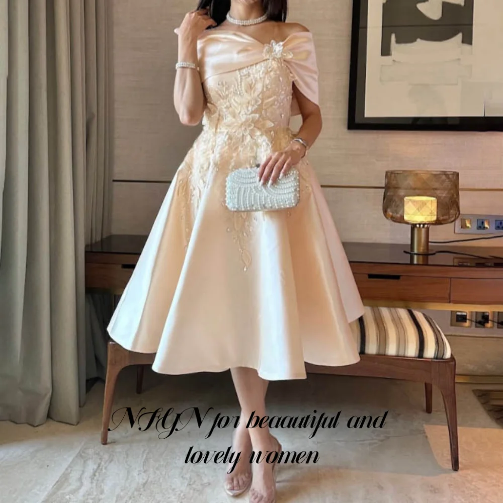 NFYN Elegant Off the Shoulder Prom Dresses Appliques Rhinestones Prom Gown Satin A-Line Back Strap Evening Dresses Customized