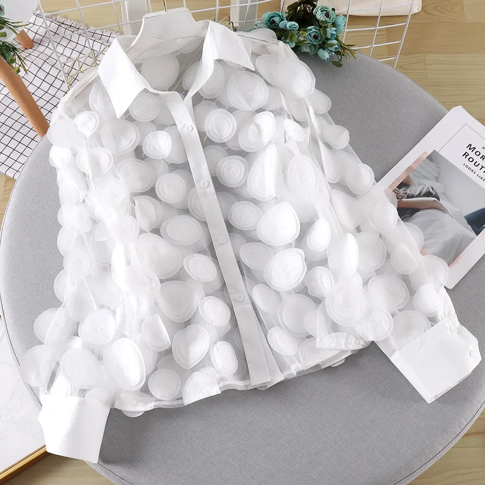 French Court Style Three-Dimensional Flower Stage Dress Women's Chiffon Shirt Hollowed Out Lantern Sleeve Shirt Women