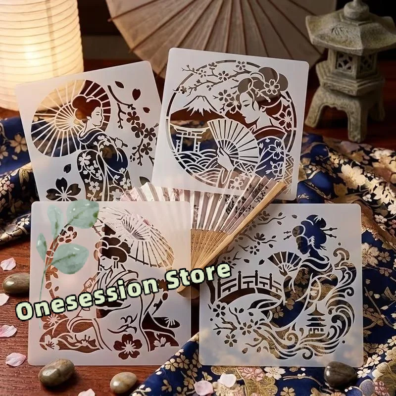 4Pcs Geisha Themed Painting Stencils Reusable Japanese Cherry Blossom Mount Fuji for Kids DIY Handcraft Activity Gift