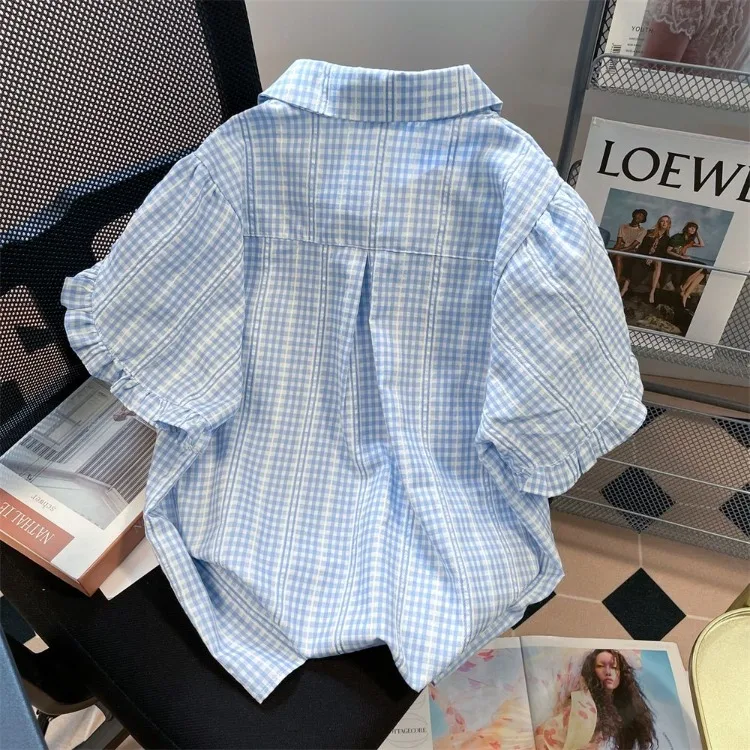 Harajuku Sweet Blue Plaid Shirts Women Summer Vintage Puff Sleeve Ruffles Blouses Y2k Grunge Single Breasted Blusas Mujer