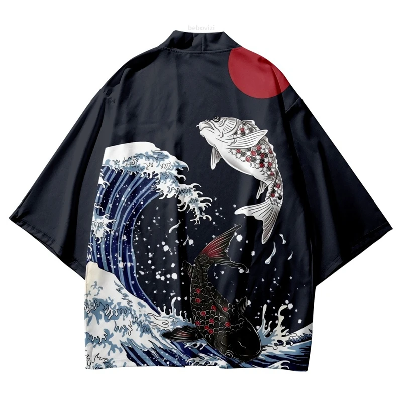 

Japanese Ukiyo-e Waves Fish Print Traditional Kimono Men Women Cosplay Cardigan Robe Summer Beach Yukata Haori Asian Clothing