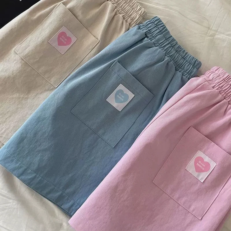 Gadis Energik Korea Dongdaemun Kaki Lurus Dstring Pinggang Label Hati Celana Kasual Wanita Musim Semi Musim Panas