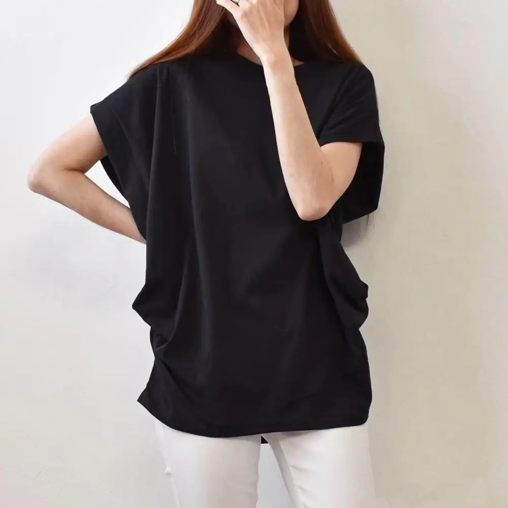 Women Tops Round Neck Raglan Short Sleeve Irregular Pleats Tee Shirt Solid Color Loose Fit Summer Pullover Tops