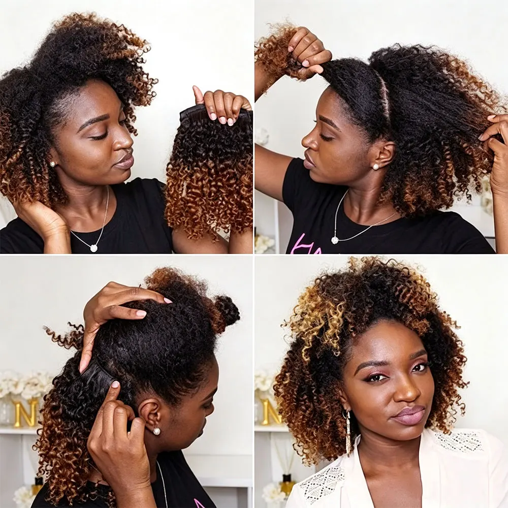 Afro Kinky Curly Clip In Hair Extensions 120G 8Pcs/Set Raw Virgin Human Hair Highlight Brown Color Afro Curly Hair Extensions