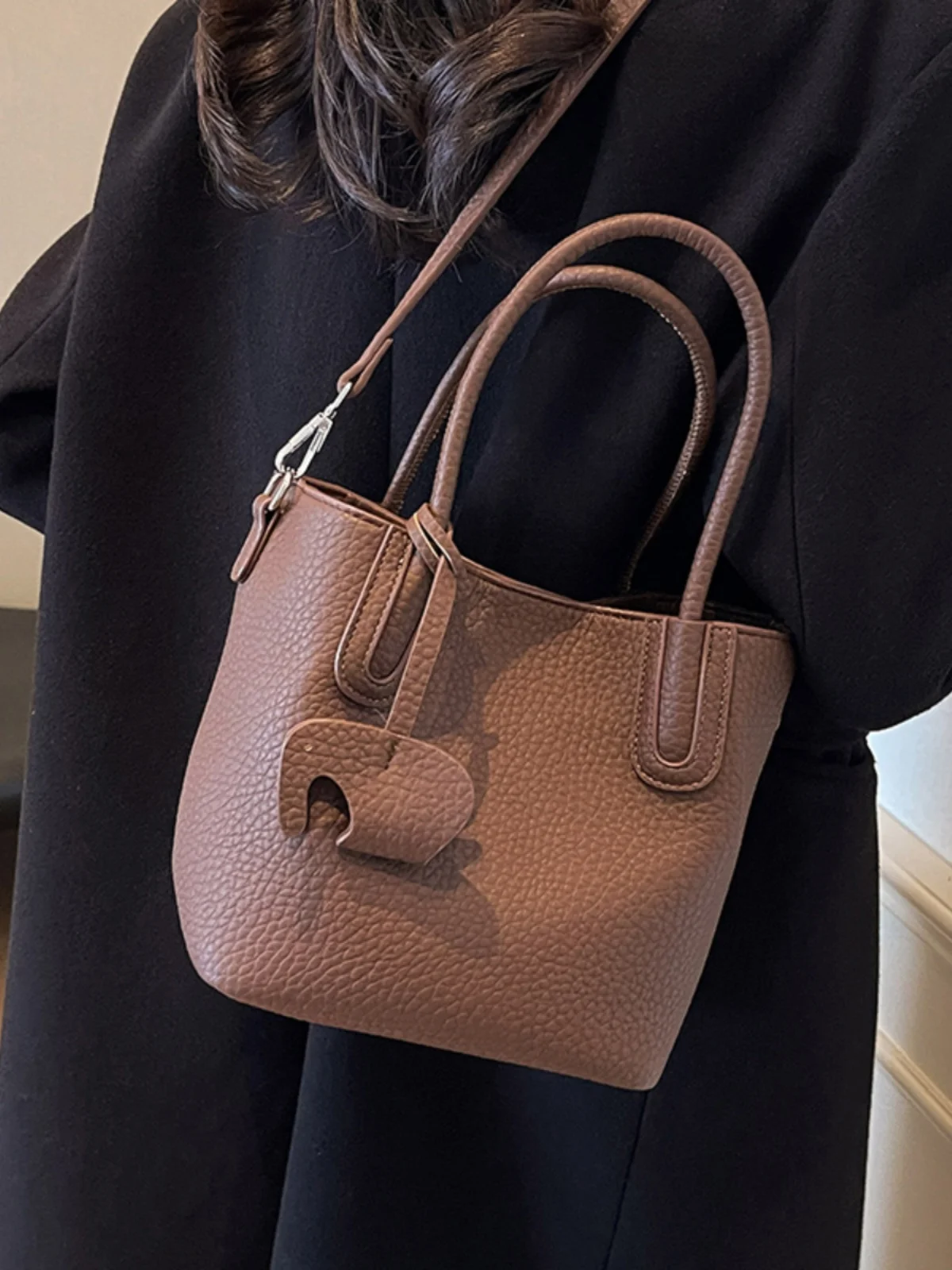Korean Style Bucket Bag Commuter Tote Handbag Crossbody Small Bag Soft Surface Pure Color PU Material No Pocket inside