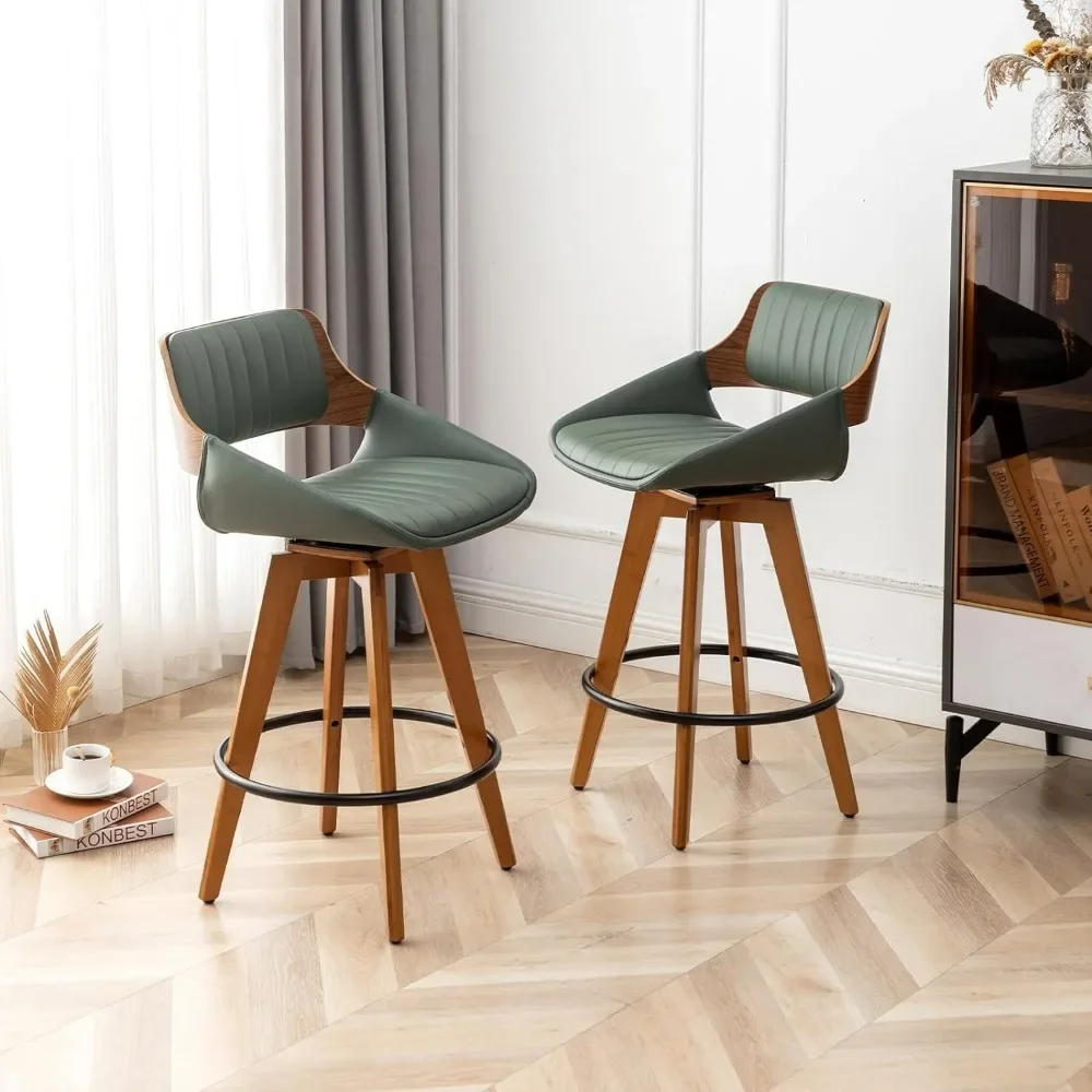 Swivel Bar Stools Set of 2 Mid Century Modern Faux Leather Upholstered Counter Height Barstools,Kitchen Island Wooden