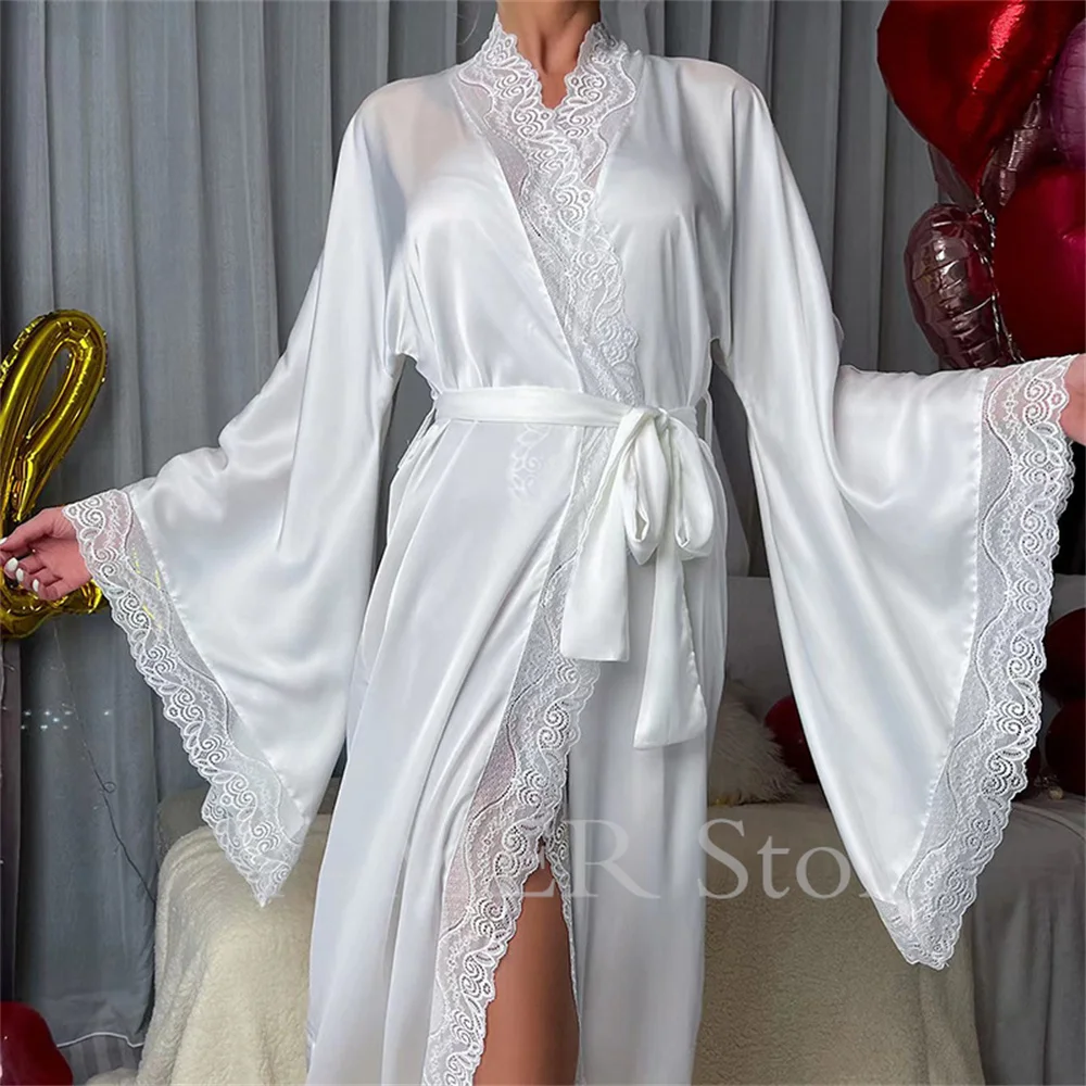 Ultra Long Birde Wedding Robe Dress White Kimono Lady Loose Sleepwear Sexy Big Lace Sleeve Bathrobe Nightwear Rayon Peignoirs