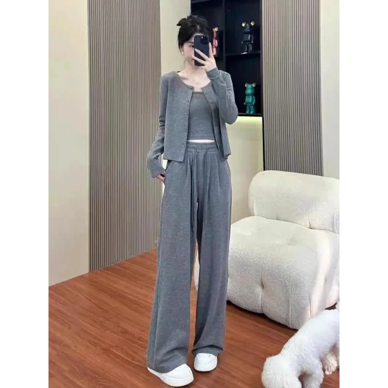 Lazy Relaxing Sports Leisure Set for Women Spring Autumn New Loose Open Top Straightening Strap Wide Leg Pants Three Piece Set
