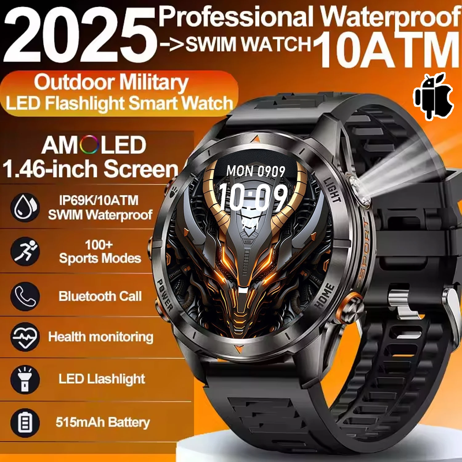 

2025 Новые уличные военные мужские умные часы с Bluetooth-звонком, 1,46 дюйма, AMOLED, 515 мАч, аккумулятор, светодиодный фонарик, IP69K, 10 атм, водонепроницаемые часы