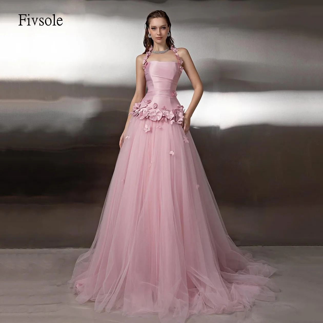 Fivsole أنيقة الوردي الزهور الرسن ألف خط الحفلة الراقصة عارية الذراعين حزب ثوب الطابق طول مساء اللباس مخصص #1