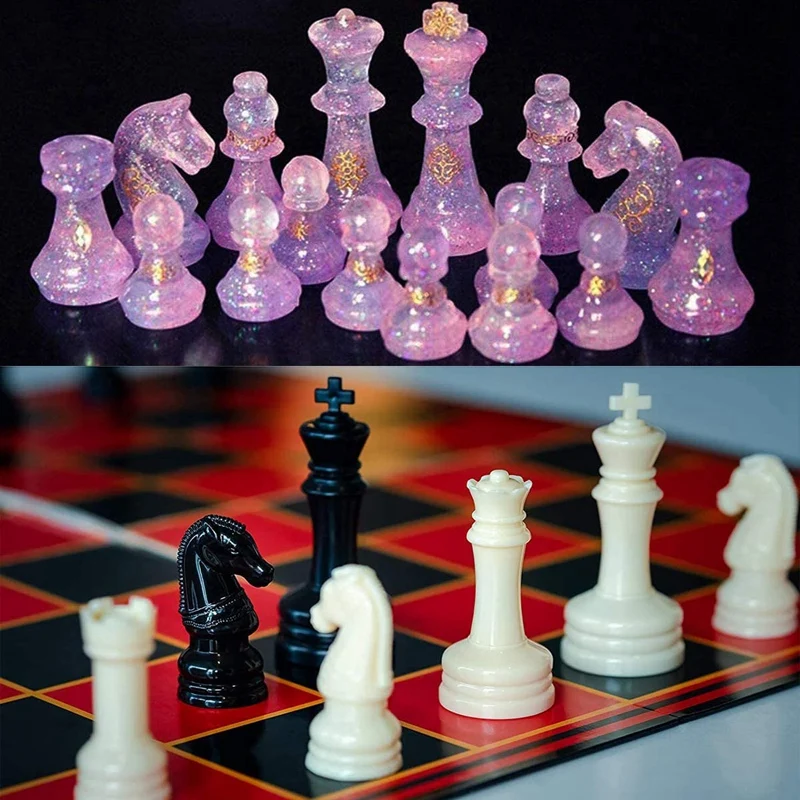 Chess Board Resin Mold Set, 1 Pcs Large Checker Board Epoxy Casting Mold With 6 Pcs 3D Chess Pieces Silicone Molds