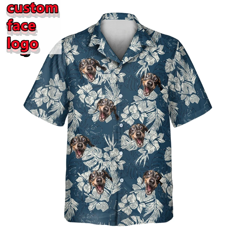 

Гавайская рубашка унисекс с лицом на заказ, персонализированная пляжная рубашка с тропическими листьями, подарок для мужчин и женщин, летняя блузка на пуговицах