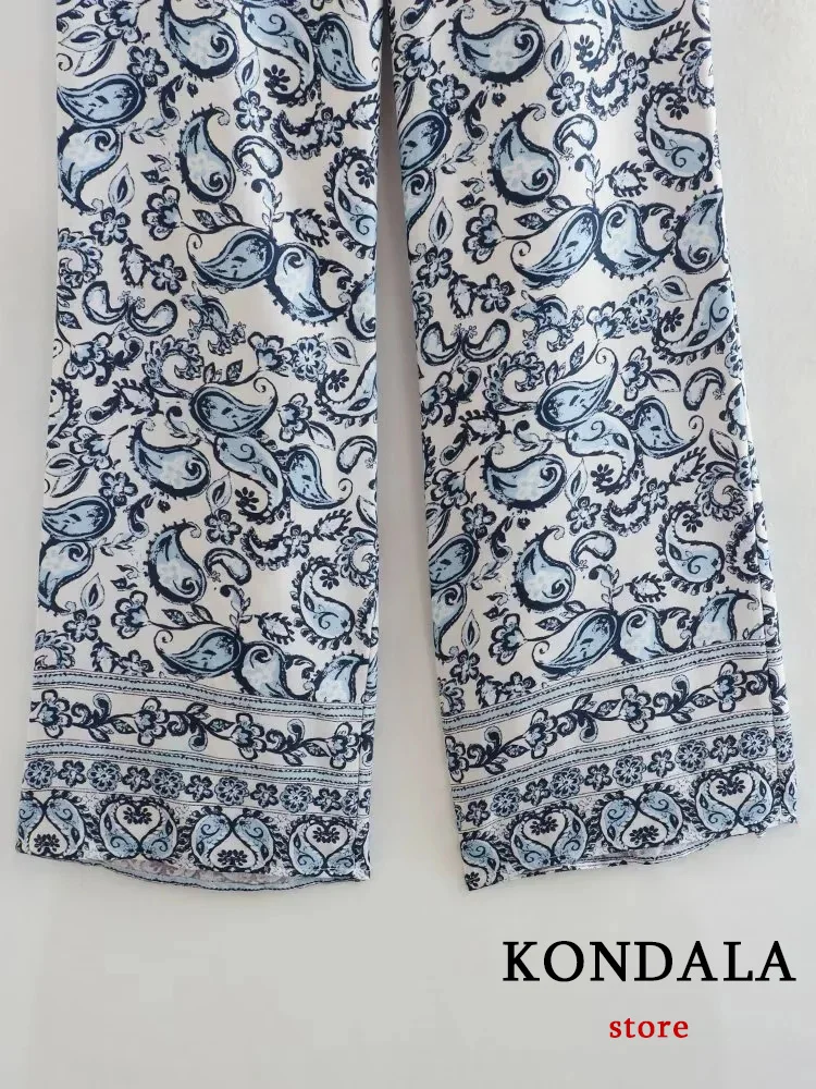 KONDALA Vintage Blue Flower Print Chic Women Suit V-Neck Bow Top+Zipper Straight Loose Pants New Fashion 2023 Summer Sets